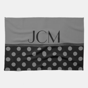 Monogram Grey Polka Dots on Black Kitchen Towel