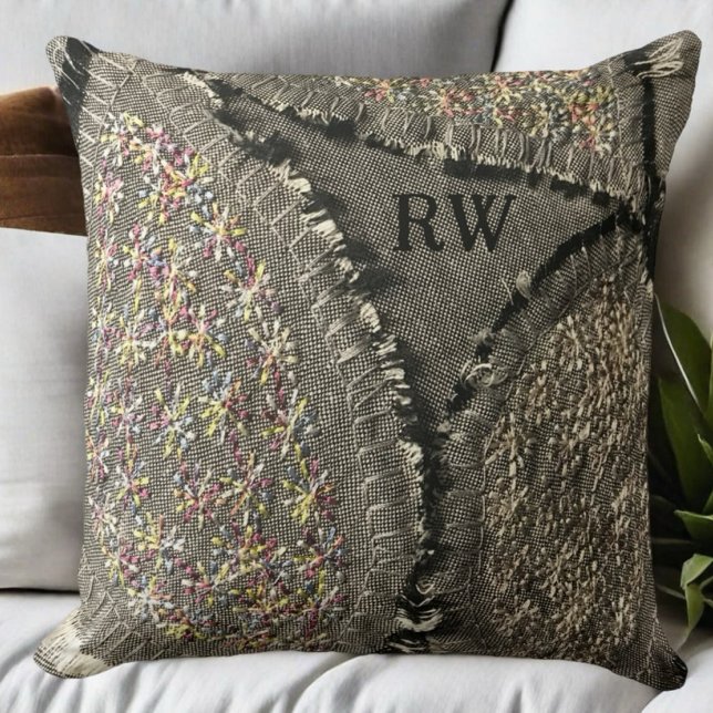 Monogram grey printed linen look floral grunge  throw pillow (Creator Uploaded)