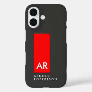 Monogram Grey Red Modern Add Replace Name Initials iPhone 16 Case