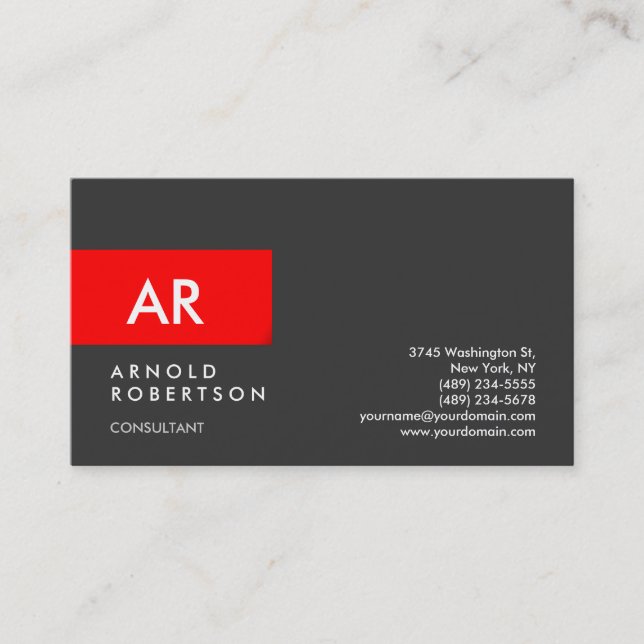 Monogram Grey Red Modern Stylish Business Card (Front)
