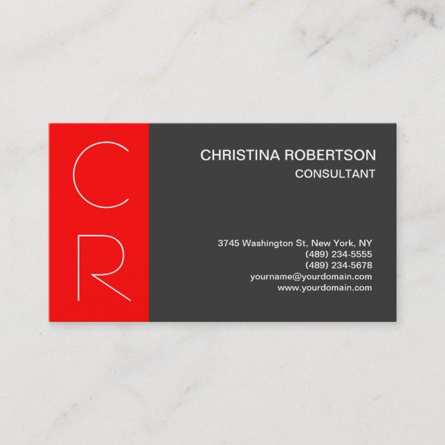 Monogram Grey Red Stripe Business Card (Front)