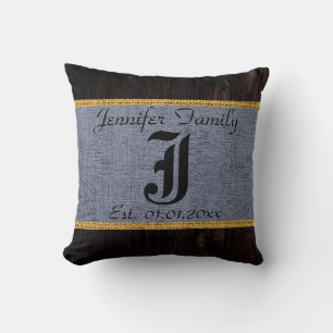 Monogram Grey Rustic Burlap Linen Wood Look Throw Pillow