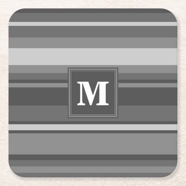 Monogram grey stripes square paper coaster (Front)