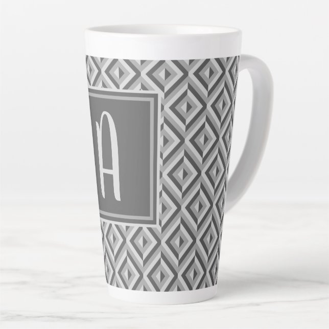Monogram Grey Three-Tone Diamond Pattern Latte Mug (Right Angle)