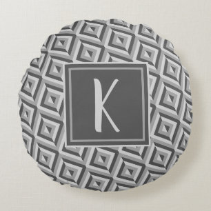 Monogram Grey Three-Tone Diamond Pattern Round Pillow
