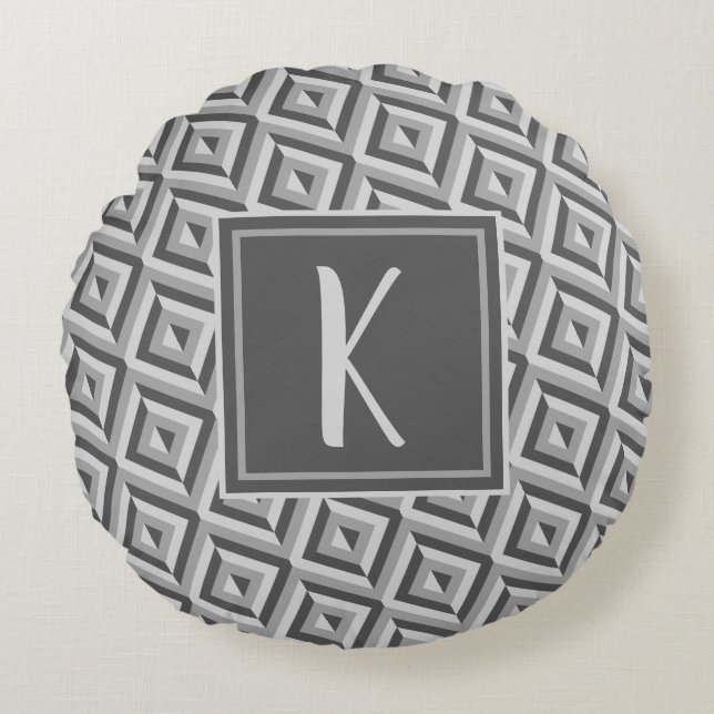 Monogram Grey Three-Tone Diamond Pattern Round Pillow (Front)