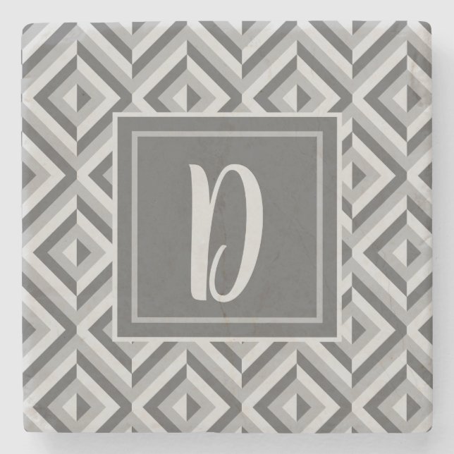 Monogram Grey Three-Tone Diamond Pattern Stone Coaster (Front)