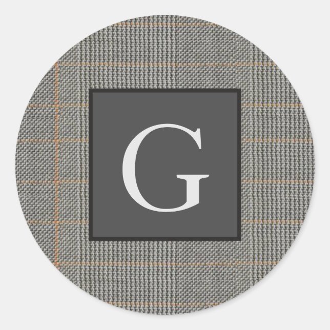 Monogram Grey Tweed Groomsman Bestman Wedding Gift Classic Round Sticker (Front)
