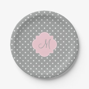 Monogram Grey, White and Pastel Pink Polka Dot Paper Plate