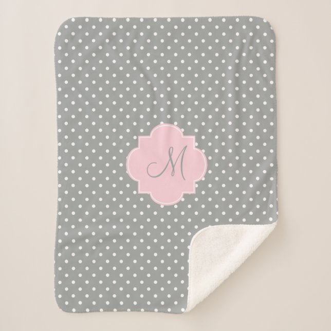 Monogram Grey, White and Pastel Pink Polka Dot Sherpa Blanket (Front)