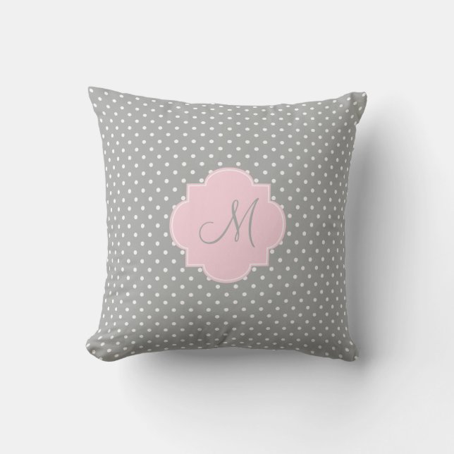 Monogram Grey, White and Pastel Pink Polka Dot Throw Pillow (Front)