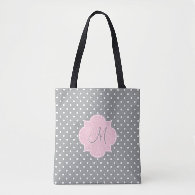 Monogram Grey, White and Pastel Pink Polka Dot Tote Bag (Front)