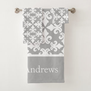 Monogram Grey White Fleur-de-lis Personalized Bath Towel Set