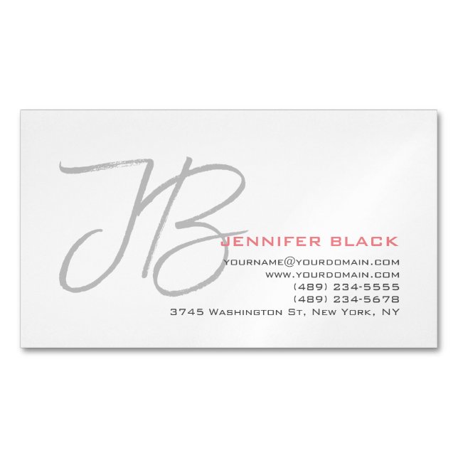 Monogram Grey White Plain Calligraphy Script Magnetic Business Card (Front)