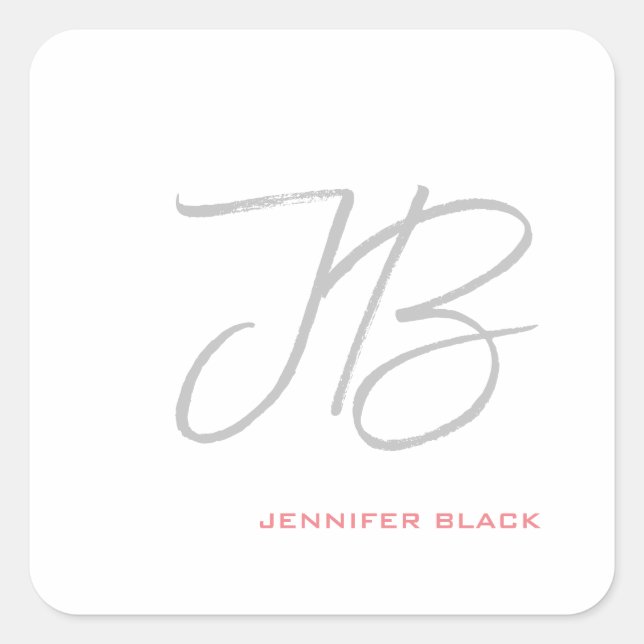 Monogram Grey White Plain Calligraphy Script Square Sticker (Front)