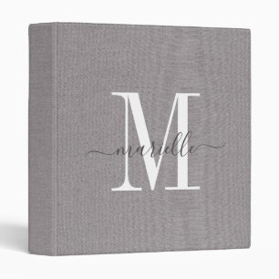 Monogram Grey White Script Faux Linen 3 Ring Binde Binder