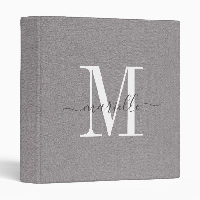 Monogram Grey White Script Faux Linen 3 Ring Binde Binder (Front/Spine)