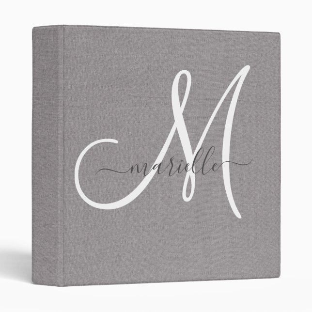 Monogram Grey White Script Faux Linen Binder (Front/Spine)
