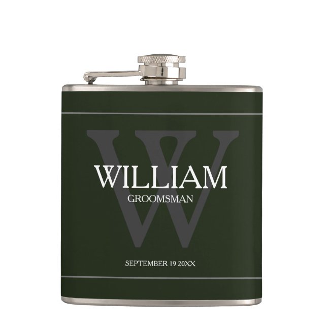 Monogram Groomsman Gift Classic Cool Army Green  Hip Flask (Front)