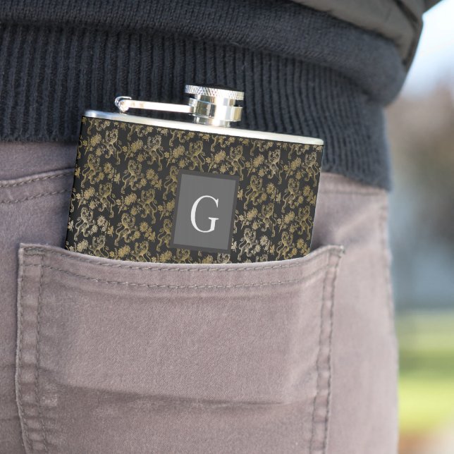 Monogram Groomsmen Best Man Black Gold Lion Damask Hip Flask (In Situ)