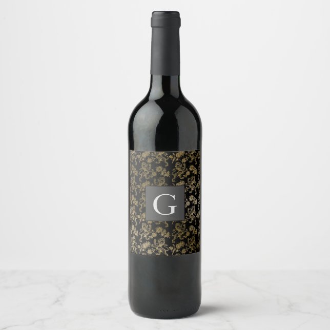 Monogram Groomsmen Best Man Black Gold Lion Damask Wine Label (Front)