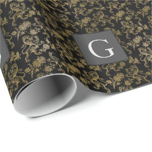 Monogram Groomsmen Best Man Black Gold Lion Damask Wrapping Paper