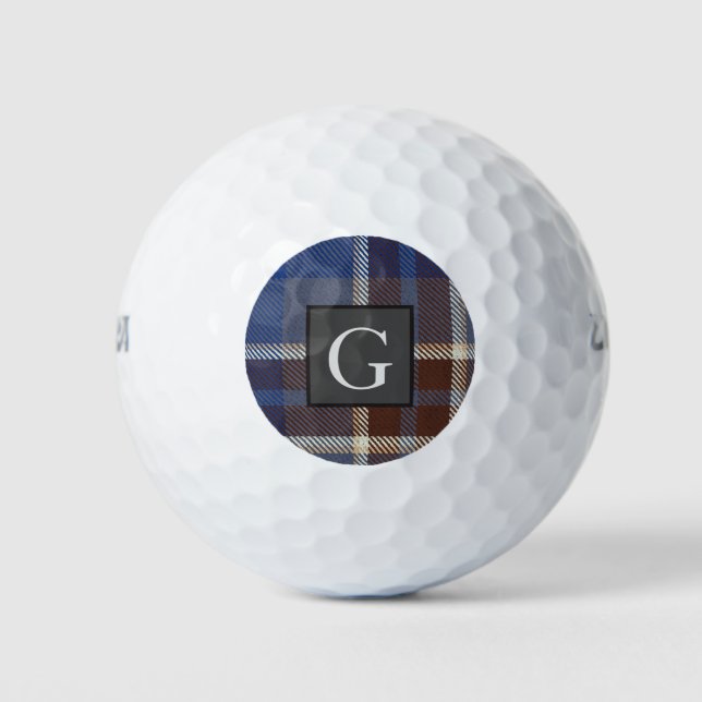 Monogram Groomsmen Best Man Blue Grey Tartan Black Golf Balls (Front)