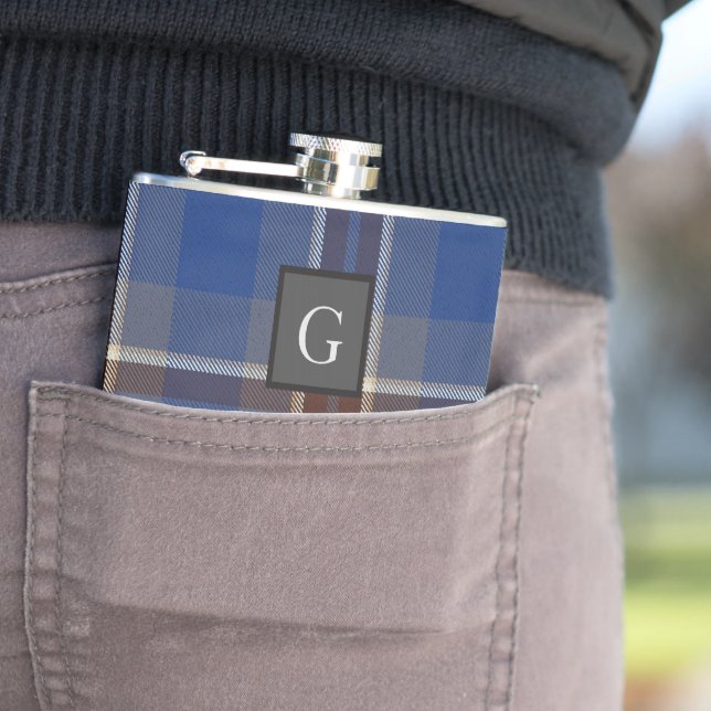 Monogram Groomsmen Best Man Blue Grey Tartan Black Hip Flask (In Situ)