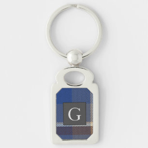 Monogram Groomsmen Best Man Blue Grey Tartan Black Keychain