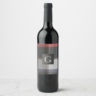 Monogram Groomsmen Best Man Red Grey Tartan Black Wine Label