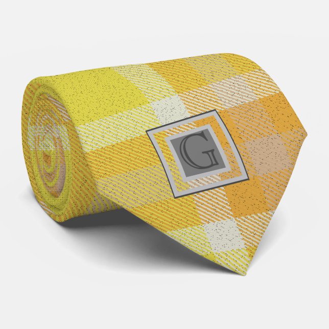 Monogram Groomsmen Best Man Yellow Orange Tartan Tie (Rolled)