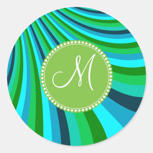Monogram Groovy Blue Green Rainbow Slide Stripes Classic Round Sticker (Front)