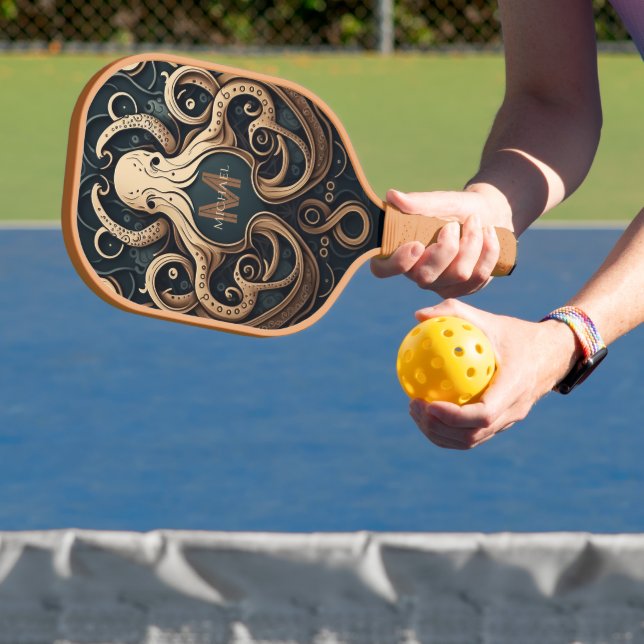 Monogram Grunge Gold Black Personalized Octopus Pickleball Paddle (Insitu)