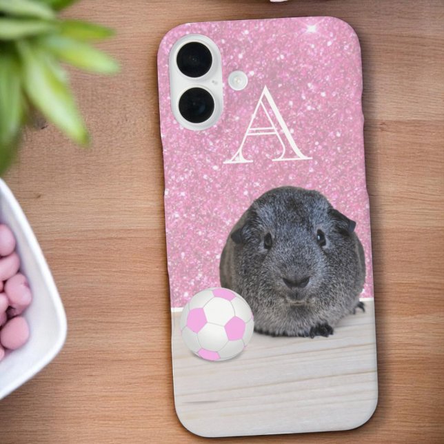 Monogram Guinea Pig Pink Soccer Ball Rose Gold Case-Mate iPhone Case (Monogram template designed phone case)
