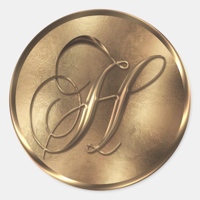Monogram H Bronze Wedding Invitation Holiday Classic Round Sticker (Front)