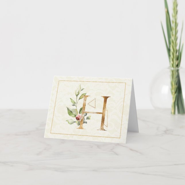 Monogram H Floral Note Card Gold (Front)