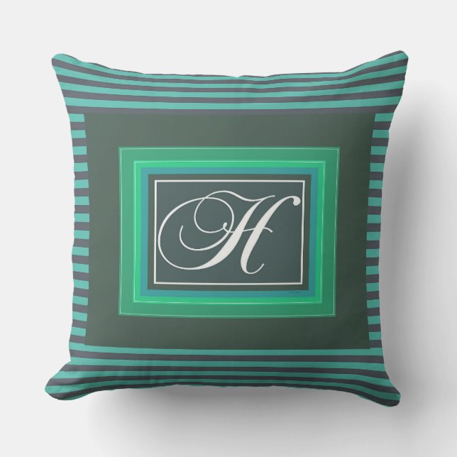 Monogram H Green White Script Outdoor Pillow (Front)