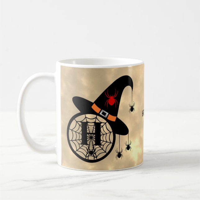 Monogram H Halloween Sky Witch Spiders Name Coffee Mug (Left)
