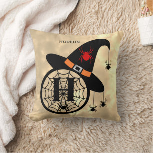 Monogram H Halloween Sky Witch Spiders Name Throw Pillow