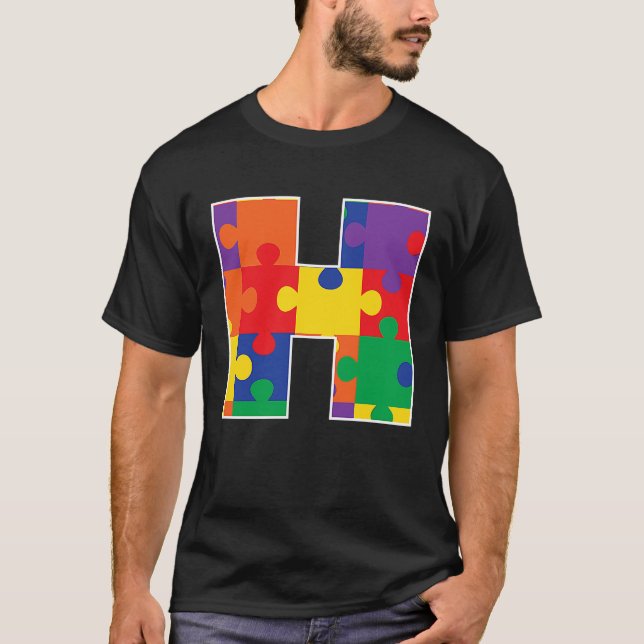 Monogram H in Multi Colour Puzzle Pieces T-Shirt (Front)