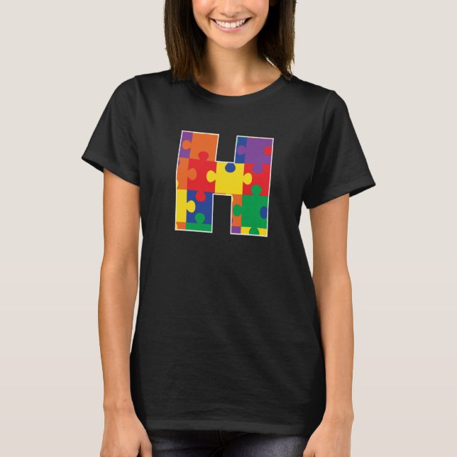 Monogram H in Multi Colour Puzzle Pieces T-Shirt (Front)