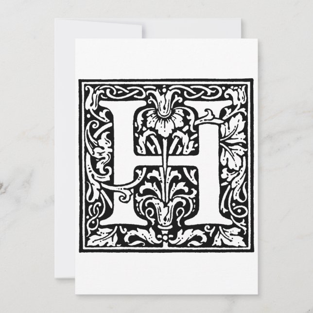 Monogram H Initial Black and White Floral Holiday Card (Front)