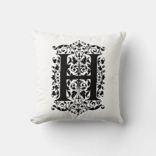 Monogram H Initial Black and White Floral Pattern Throw Pillow