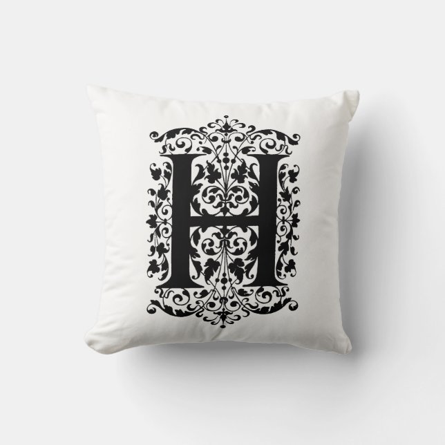 Monogram H Initial Black and White Floral Pattern Throw Pillow (Front)
