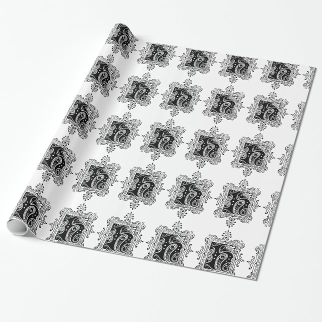 Monogram H Initial Black and White Floral Pattern Wrapping Paper (Unrolled)