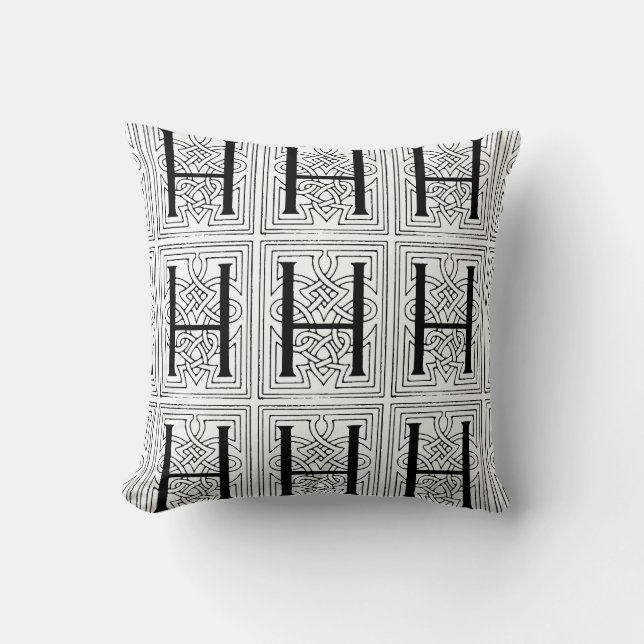 Monogram H Initial Black and White Scroll Pattern Throw Pillow (Front)