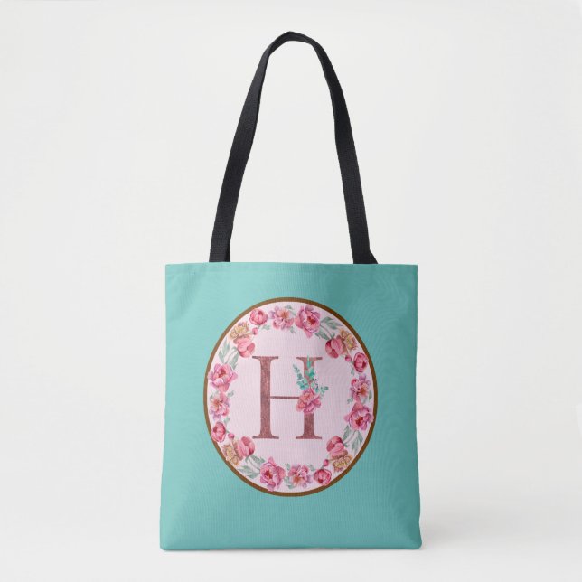 Monogram H Letter with Peony Flower Image Tote Bag (Front)