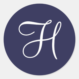 Monogram H, White on Navy Blue, Classic Round Stic Classic Round Sticker