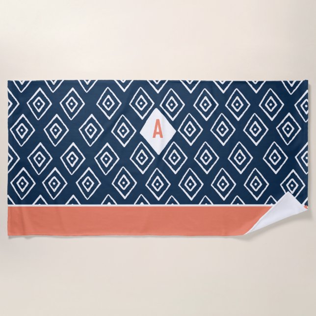 Monogram Hand Drawn Diamond Pattern Beach Towel (Front)