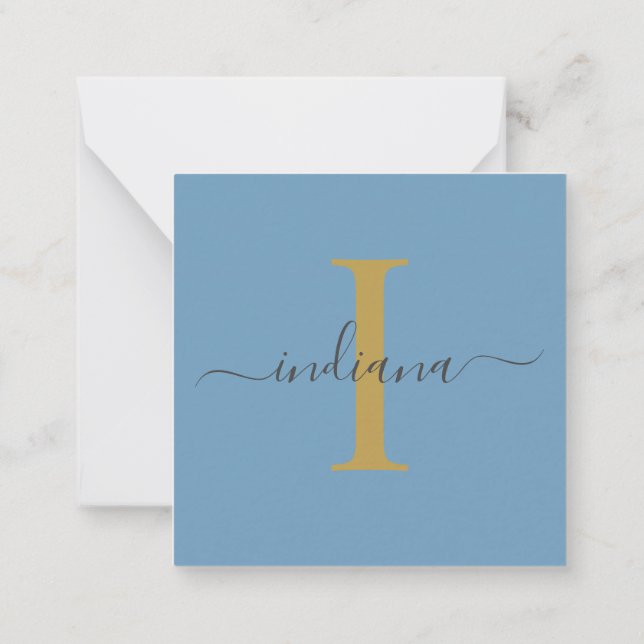 Monogram Hand-Lettered Gold Grey Blue Card (Back)
